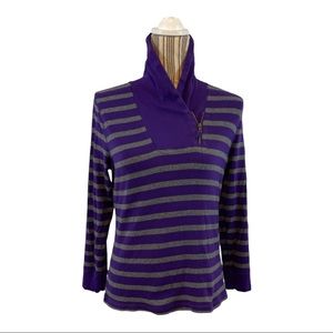 Lauren Ralph Lauren purple & gray striped long sleeve blouse large zipper neck